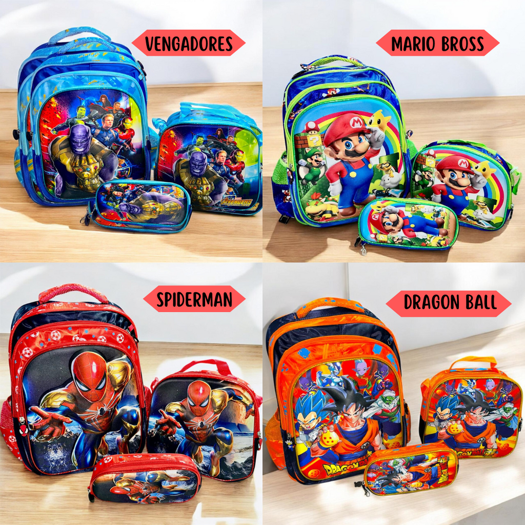 BOLSO ESCOLAR - LONCHERA - CARTUCHERA - SUPER COMBO ESCOLAR
