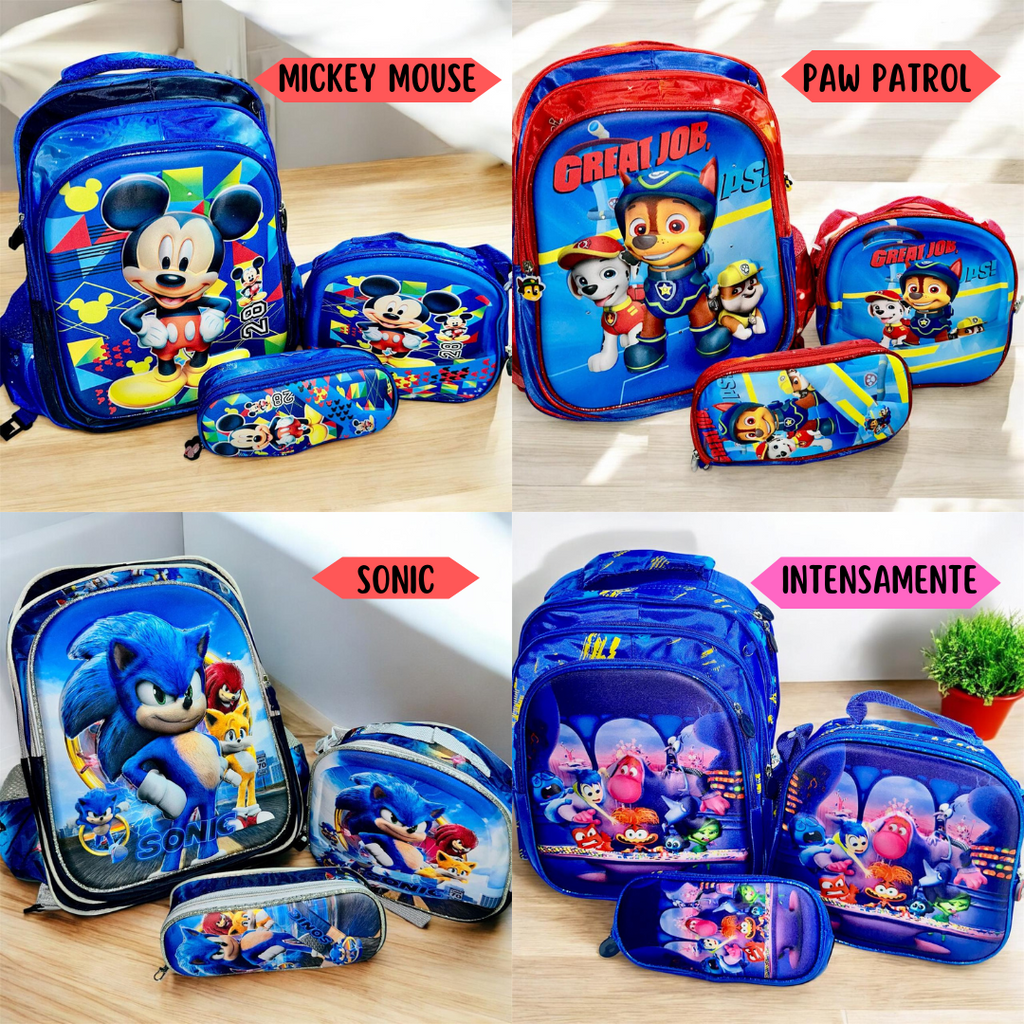 BOLSO ESCOLAR - LONCHERA - CARTUCHERA - SUPER COMBO ESCOLAR
