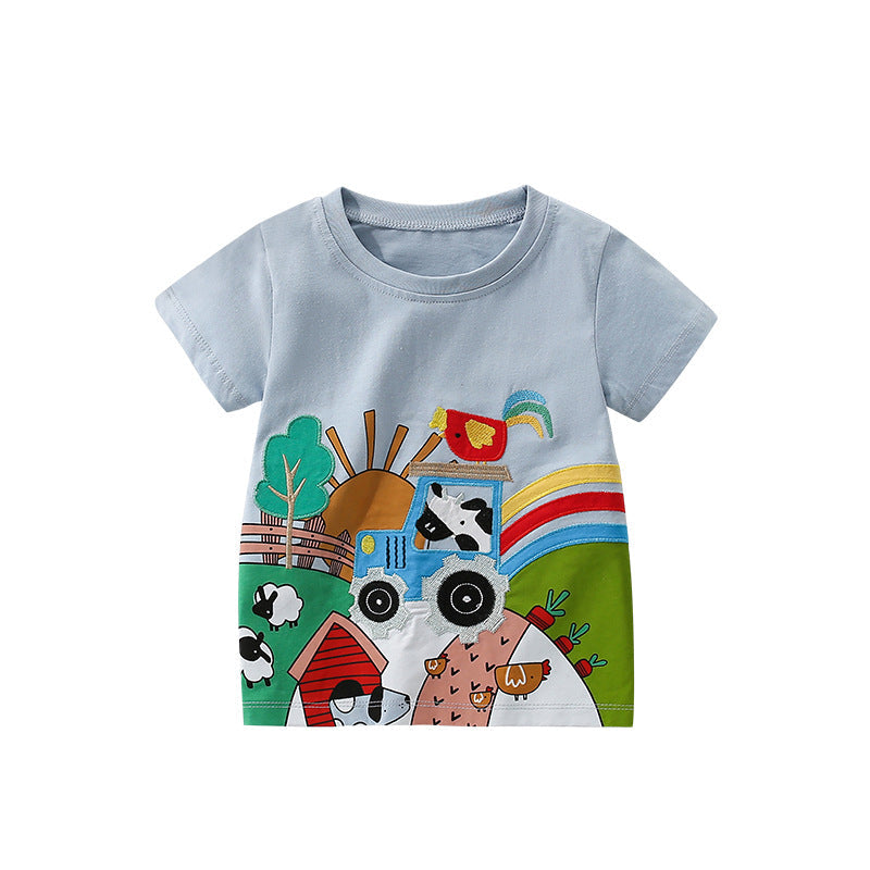 Camiseta de verano para niño con estampado de animales de dibujos animados y granja, estilo europeo y americano.