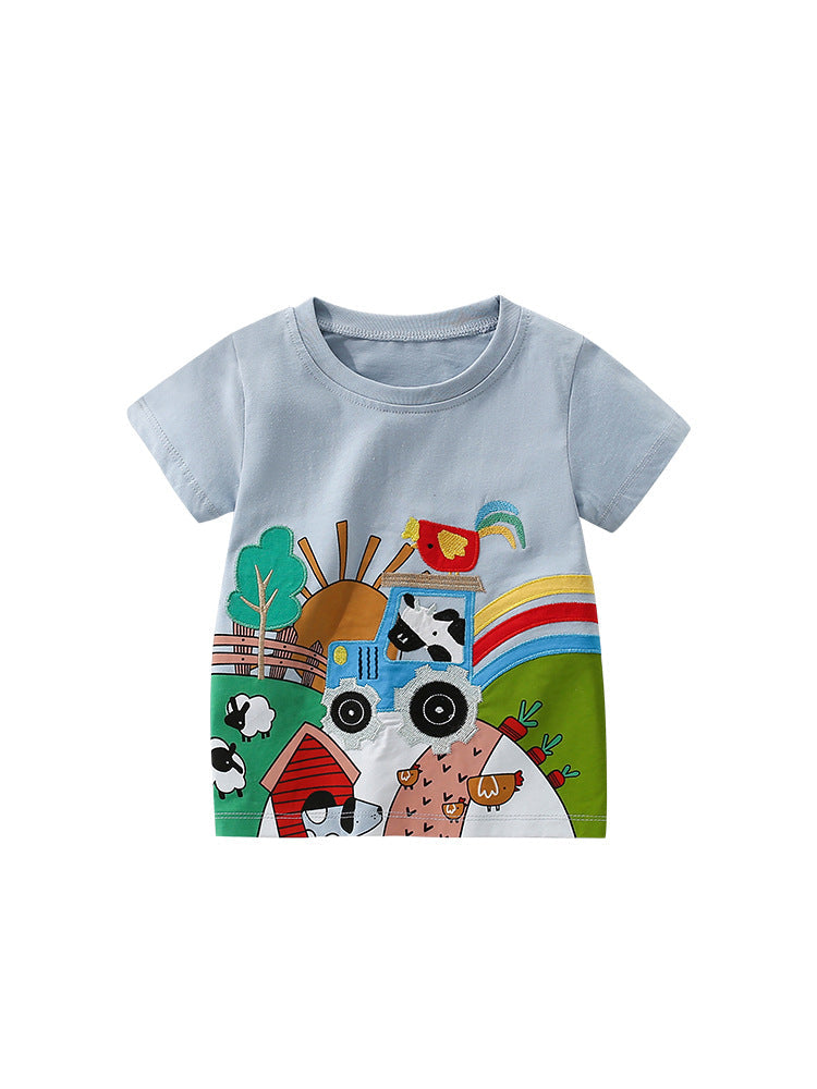 Camiseta de verano para niño con estampado de animales de dibujos animados y granja, estilo europeo y americano.